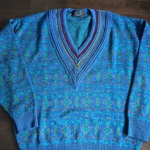 Vintage Jantzen 90’s V-Neck Knit Sweater Blue Multicolor Accents Retro Design L